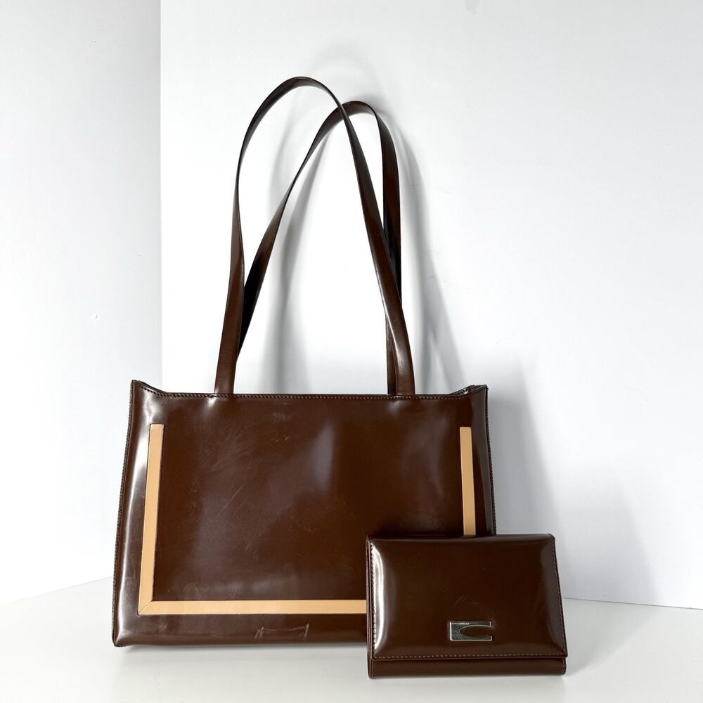 Coccinelle Patent Leather Shoulder Bag & Wallet Brown Vintage Made In Italy
